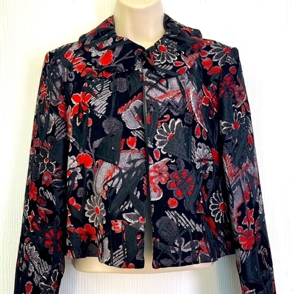 Harve Benard - Black Embroidered Ruffle Neck Open Long Sleeve Crop Jacket Size 8 - Picture 3 of 12